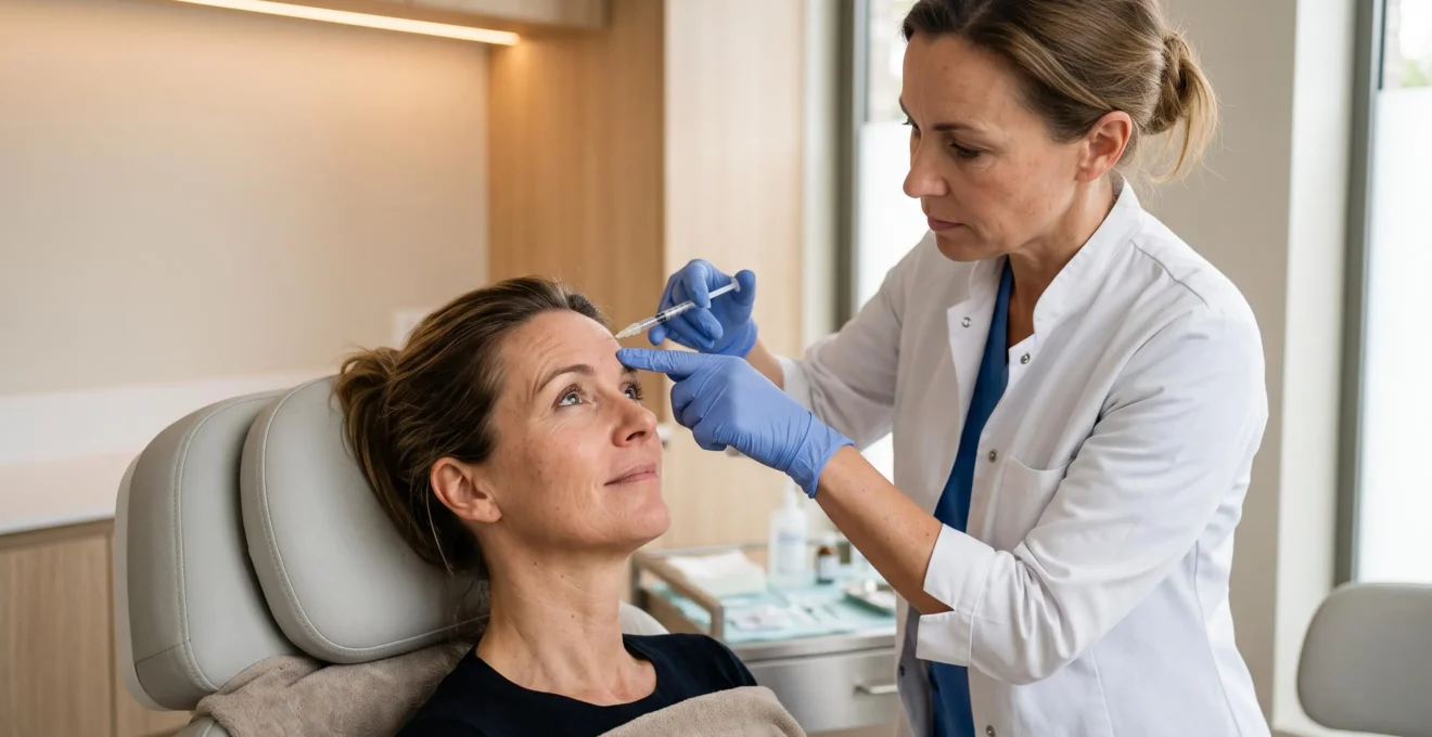 Een arts brengt met een fijne spuit een botulinetoxine-injectie aan op het voorhoofd van een rustige patiënt in een kliniek.
