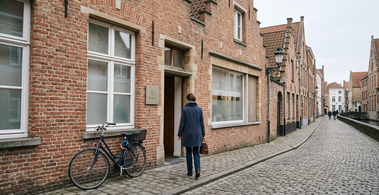 Een vrouw nadert de entree van een discrete esthetische kliniek in een historische Vlaamse straat.